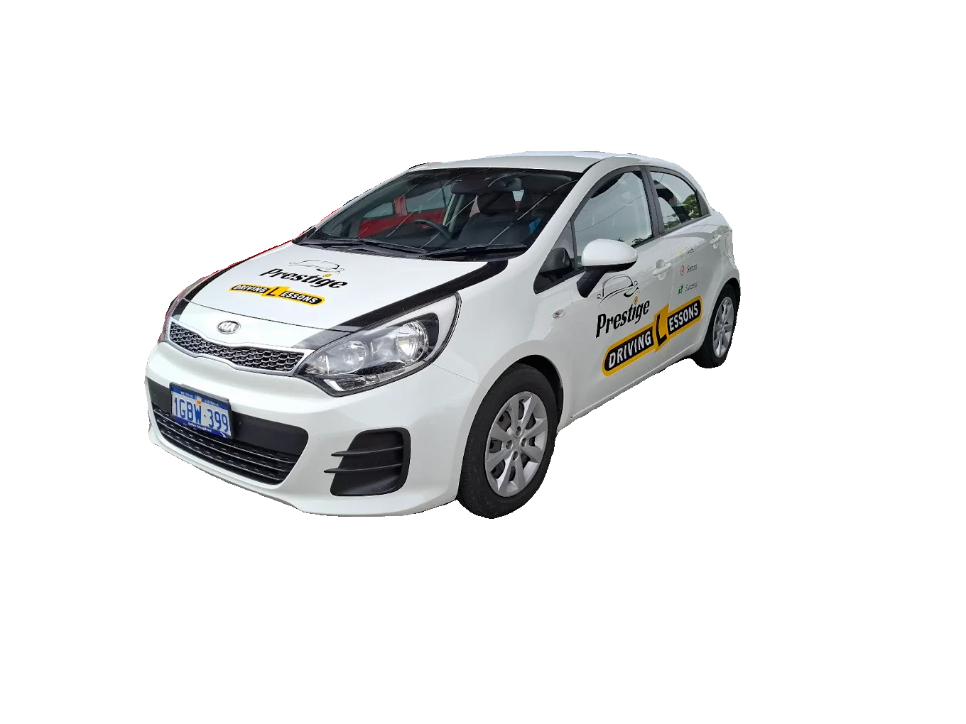 Prestige Driving Lessons vehicle — white Kia Rio with Prestige branding